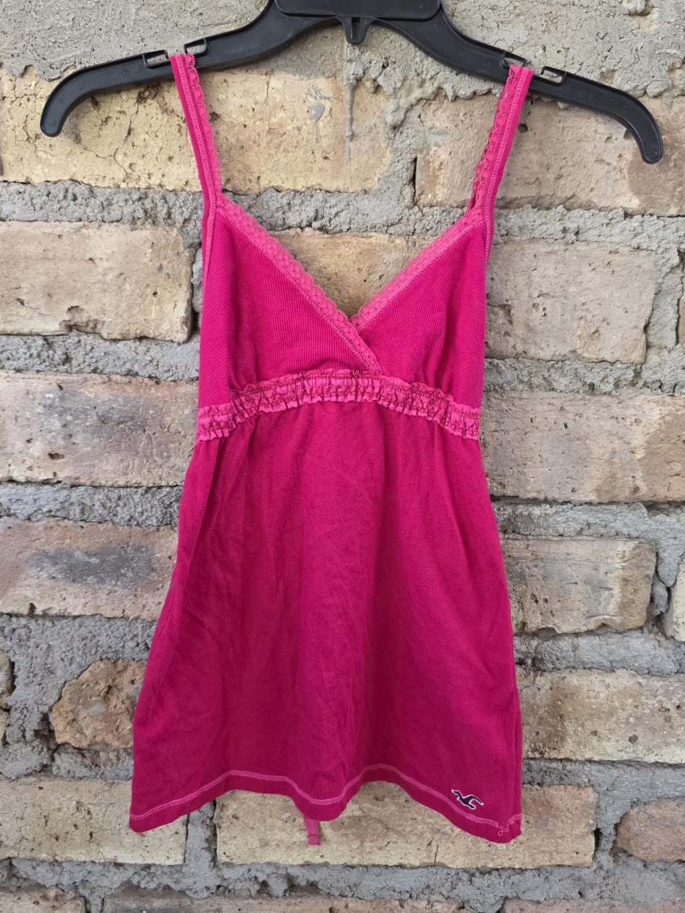 Vintage Y2K Hollister Hot Pink Ribbed Lace Trim Cami Top XS